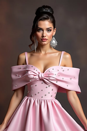 Pink Cold Shoulder Beaded Homecoming Dress